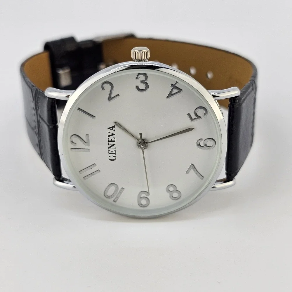 Men's Analog Watch 38MM White Dial Black Faux‎ Leather Bands New Battery